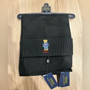 Polo Ralph Lauren Black Beanie with Bear and Scarf Set